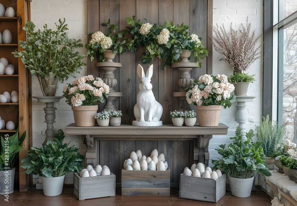 Shabby chic Easter display with rustic decor, greenery, and floral accents.