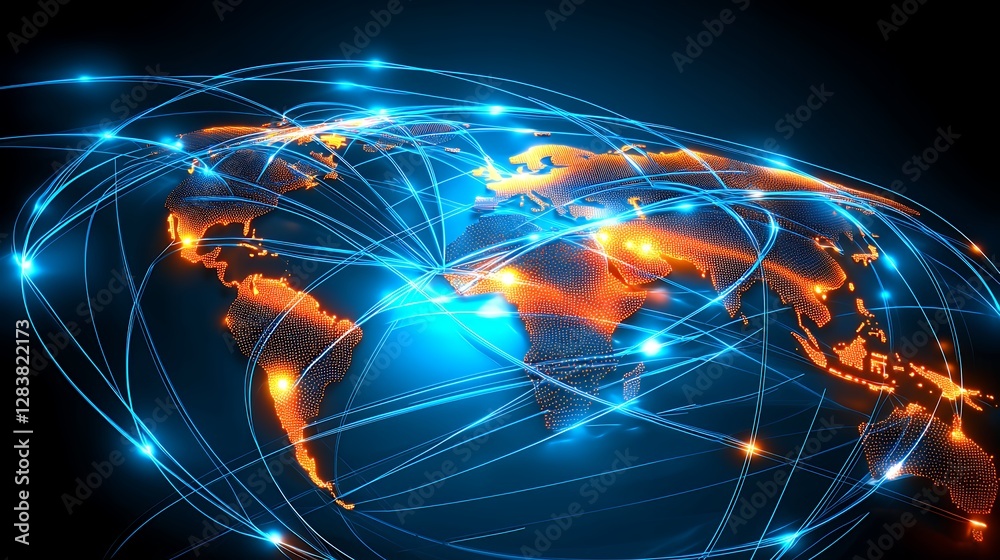Glowing World Map with Global Network Connections in Blue and Orange Color Scheme Glowing World Map with Global Network Connections in Blue and Orange Color Scheme