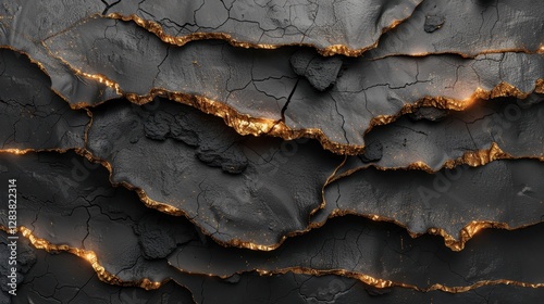 Glowing gold cracks in dark textured rock surface