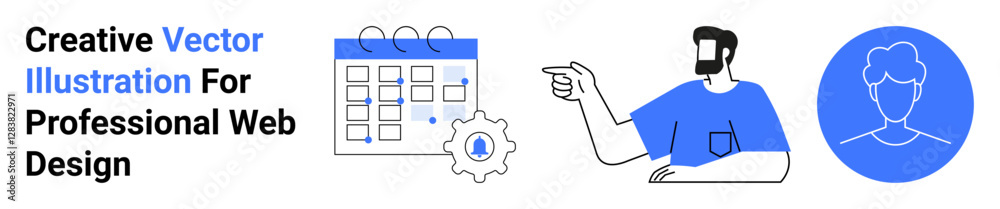Man pointing to settings gear near a calendar and user profile icon. Ideal for productivity, planning, team management, scheduling, creativity, organization, flat landing page banner Man pointing to settings gear near a calendar and user profile icon. Ideal for productivity, planning, team management, scheduling, creativity, organization, flat landing page banner