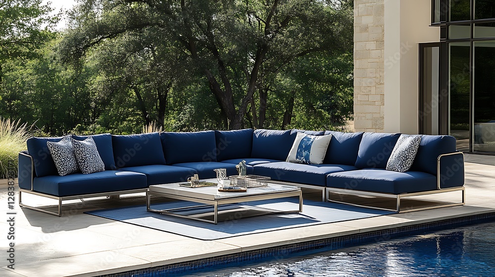 Fototapeta premium A contemporary modular outdoor seating set with bold navy blue cushions and lightweight aluminum frames, arranged poolside with sparkling water in the background,