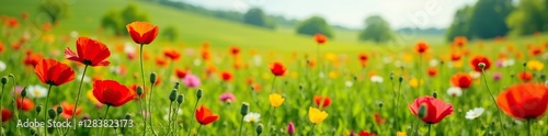 A colorful meadow filled with wild red poppies and other spring wildflowers, green, field