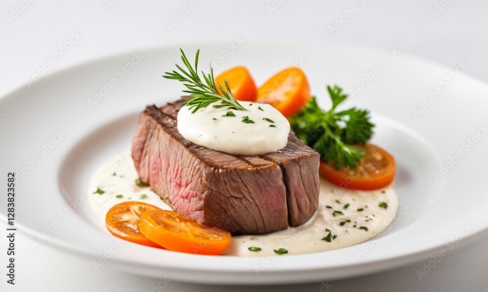 Delicious Steak with Cream Sauce and Cherry Tomatoes on Plate Delicious Steak with Cream Sauce and Cherry Tomatoes on Plate
