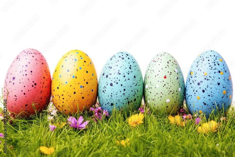 Easter eggs and green grass with spring flowers isolated on a white background, a colorful polka dot Easter egg lineup, an Easter celebration concept Easter eggs and green grass with spring flowers isolated on a white background, a colorful polka dot Easter egg lineup, an Easter celebration concept
