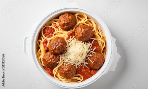 Delicious Spaghetti with Meatballs and Parmesan Cheese on Plate