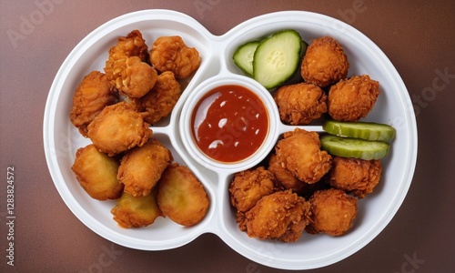 Crispy Fried Chicken Nuggets with Dipping Sauce and Pickles