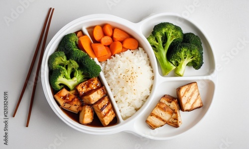 Grilled Chicken Meal with Rice and Vegetables in Divided Plate