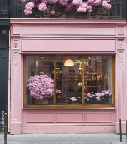 Elegant florist pink boutique storefront with striped awning and classic architecture, mockup template.