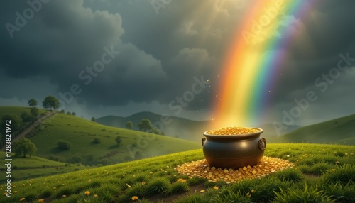 Rainbow touching pot of gold on green hill under dark sky