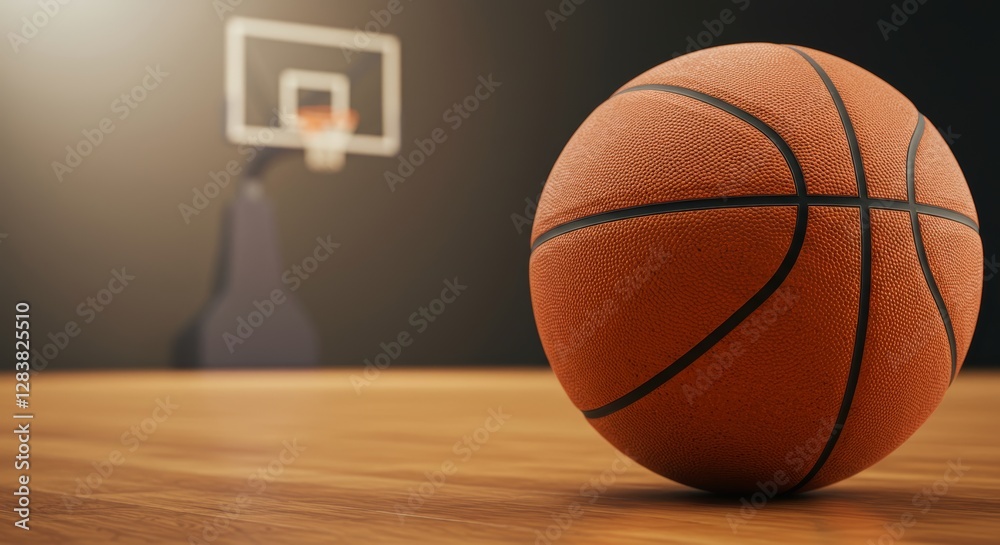 Fototapeta premium a basketball resting on a wooden floor, hyperrealistic, close up, orange basketball with black seams, focus on the texture of the ball, wooden floor with light brown tones