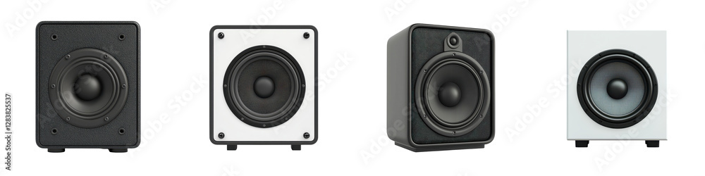 Diverse range of modern speaker designs and audio equipment providing sound for home entertainment professional recording studios or live performance setups Diverse range of modern speaker designs and audio equipment providing sound for home entertainment professional recording studios or live performance setups