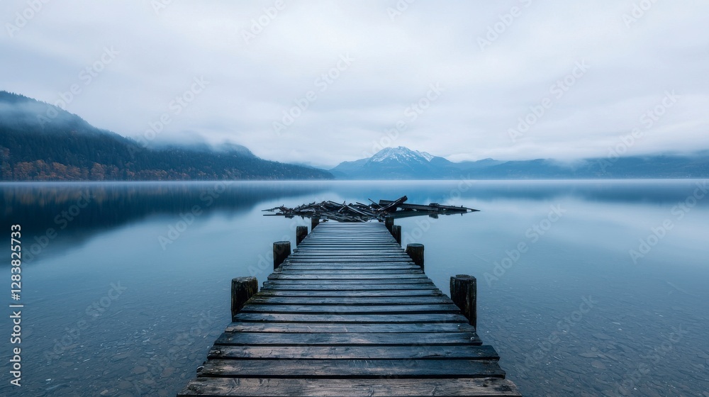 Fototapeta premium Serene Lake View with Reflection and Wooden Pier at Dawn