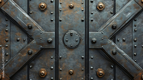 Weathered metal door featuring bolts and cross beams creates a pattern