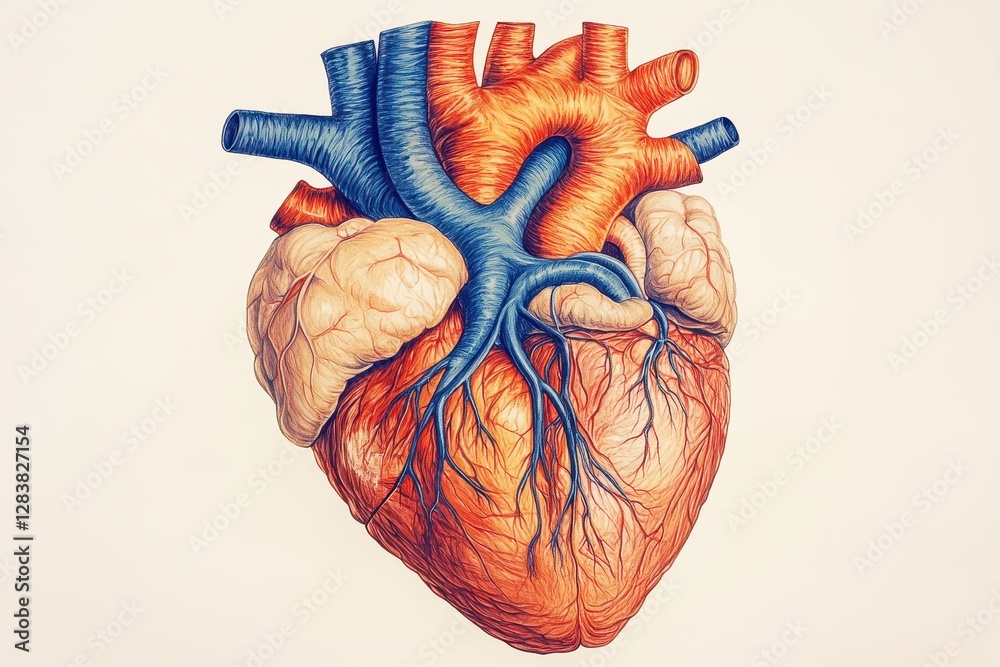 Naklejka premium Human Heart Anatomy Detailed Illustration Blood Vessels