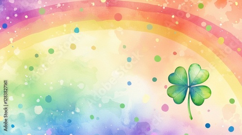 Vibrant rainbow background with four-leaf clover and colorful dots