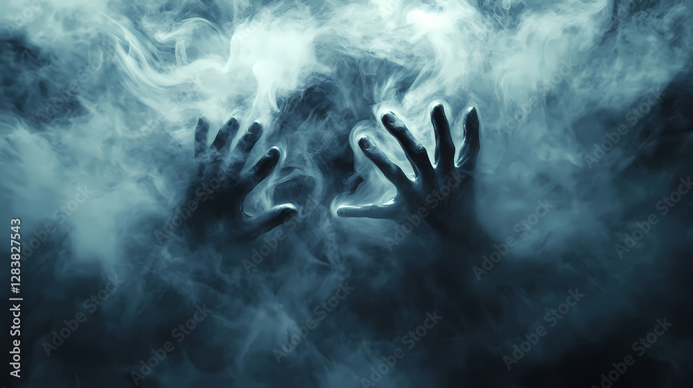 A dramatic image of ghostly hands reaching out through smoke, evoking a sense of mystery and the supernatural. Ghostly Hands Reaching Through Veil. Illustration A dramatic image of ghostly hands reaching out through smoke, evoking a sense of mystery and the supernatural. Ghostly Hands Reaching Through Veil. Illustration
