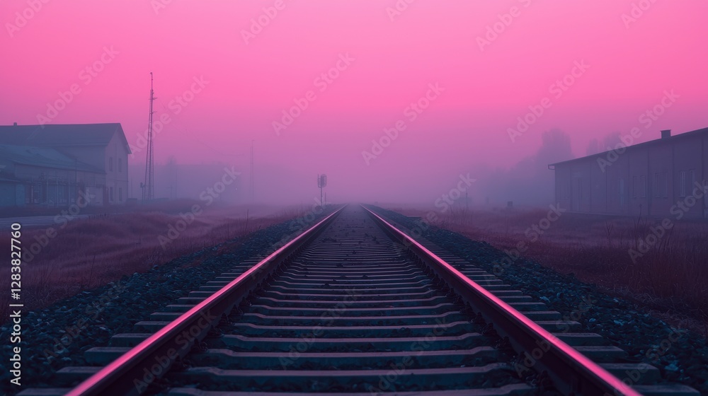 Fototapeta premium Foggy Train Tracks Leading into Abandoned Landscape at Dusk