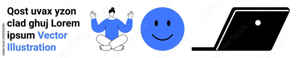 Cross-legged person meditating with raised hands, blue happy face, and black laptop silhouette. Ideal for mindfulness, work-life balance, positivity, tech wellness, focus, relaxation abstract line Cross-legged person meditating with raised hands, blue happy face, and black laptop silhouette. Ideal for mindfulness, work-life balance, positivity, tech wellness, focus, relaxation abstract line