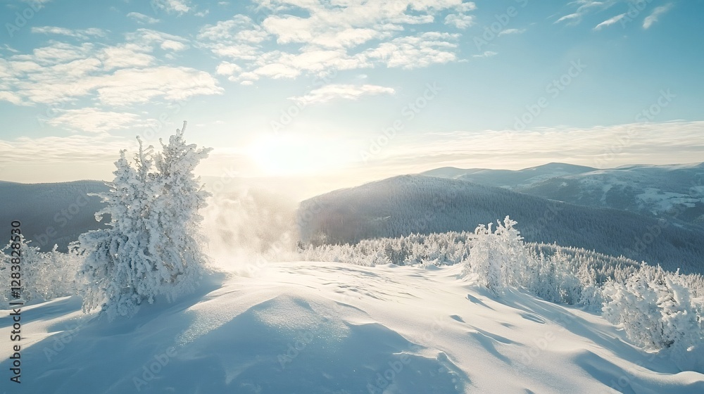 Wind blowing snow off of snow covered trees on a mountain top on a sunny day with blue sky and clouds, creating a beautiful winter wonderland scene Wind blowing snow off of snow covered trees on a mountain top on a sunny day with blue sky and clouds, creating a beautiful winter wonderland scene