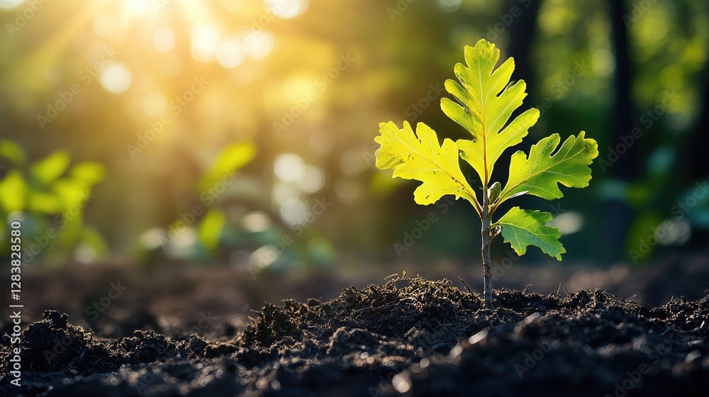 Vibrant oak sapling in rich soil, symbolizing growth and renewal in nature Vibrant oak sapling in rich soil, symbolizing growth and renewal in nature