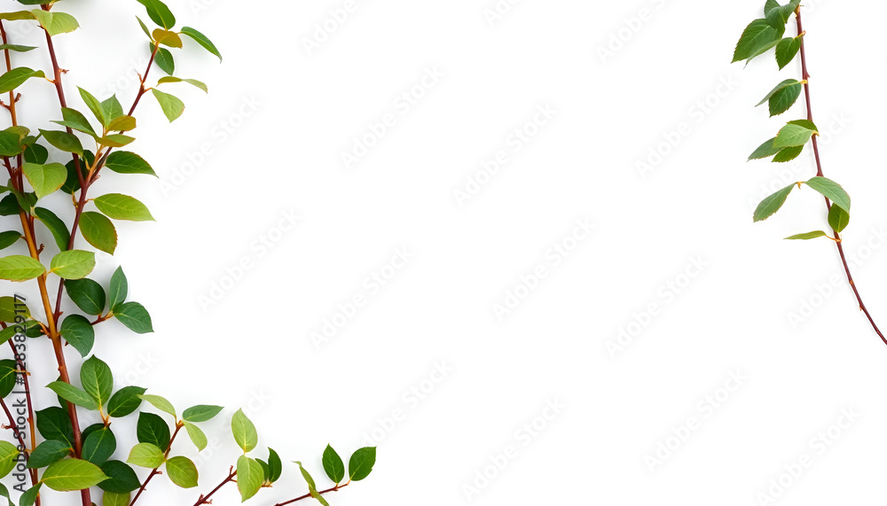 Fototapeta premium Green Leafy Branches with Red Stems on White Background