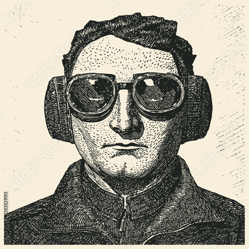 Vector illustration of a man wearing goggles and earmuffs. Vintage, retro style. Perfect for safety, work, industry, aviation themes.
