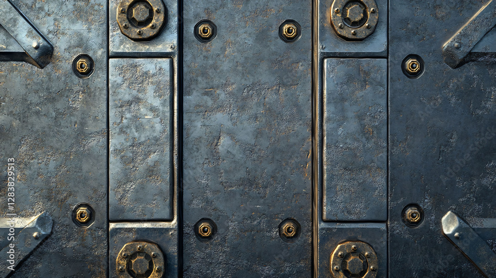A weathered metal door with metallic rivets and hinges A weathered metal door with metallic rivets and hinges