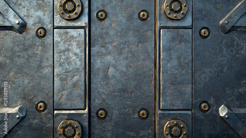 A weathered metal door with metallic rivets and hinges