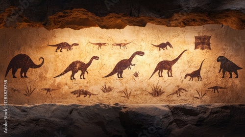 Fototapeta Naklejka Na Ścianę i Meble -  Ancient Cave Art Depicting Dinosaurs in a Natural Setting with Textures and Rich Colors Under Soft Lighting in a Mysterious Environment