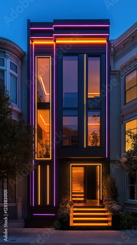 Modern luxury home with vibrant neon lights and large windows  showcasing striking architectural design. evening ambiance highlights colorful exterior