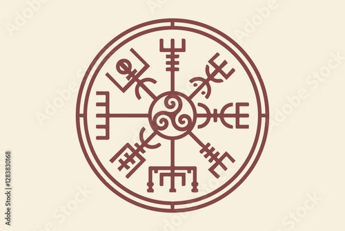 Vegvisir ancient navigation compass and Triskele, hand-drawn Magic Celtic sign. The Vikings used many symbols in accordance to Norse mythology. Esoteric Wiccan Logo icon, vector vintage background