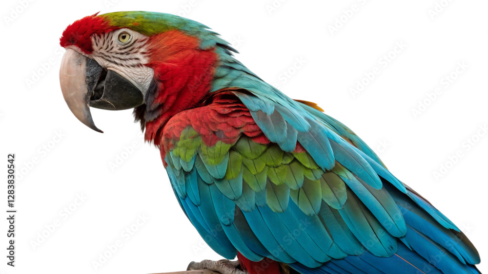 Closeup of a Greenwinged Macaw, showcasing its vivid red, green, and blue plumage against a white background. The birds detailed feathers and expressive eyes are prominent. Closeup of a Greenwinged Macaw, showcasing its vivid red, green, and blue plumage against a white background. The birds detailed feathers and expressive eyes are prominent.