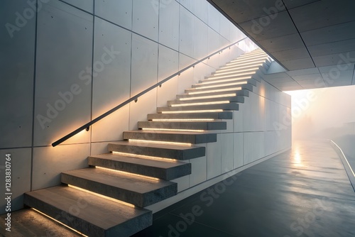 Modern minimalist staircase with soft architectural lighting in foggy setting