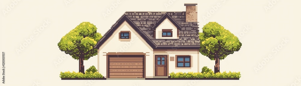 Charming Pixel Art Suburban House Illustration Family Home Garage Trees Charming Pixel Art Suburban House Illustration Family Home Garage Trees