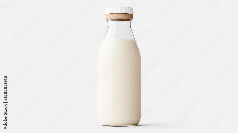 Fresh Milk in Glass Bottle with Simple Wooden Lid on White Background Fresh Milk in Glass Bottle with Simple Wooden Lid on White Background