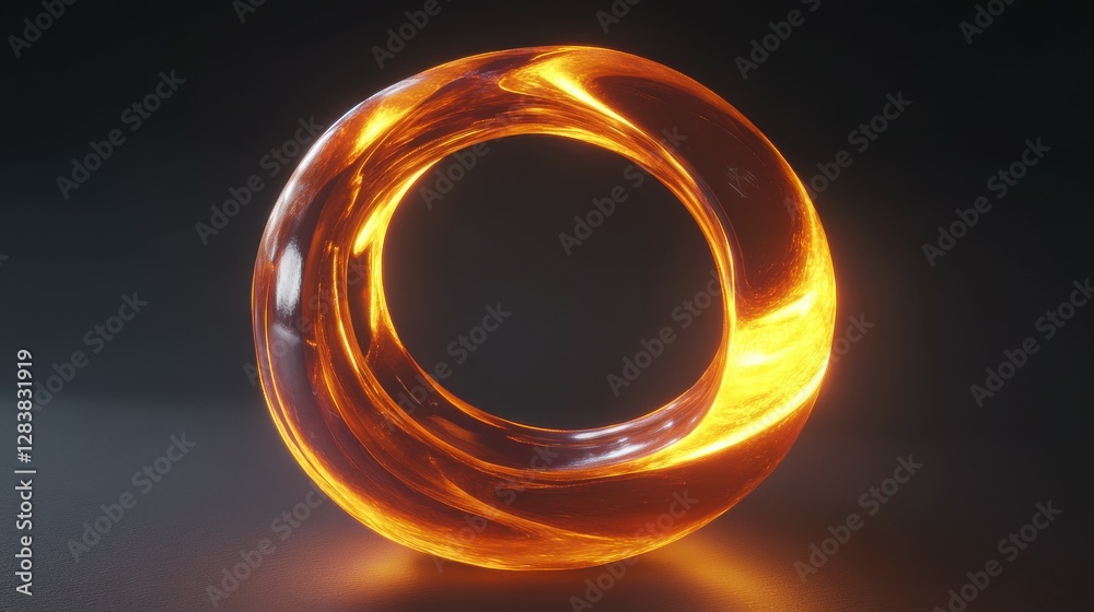 Glowing orange glass torus with illuminated swirls against dark background Glowing orange glass torus with illuminated swirls against dark background