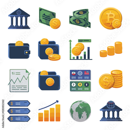 vector colorful economy trading graph cash money linked with curved dash line over the world bank