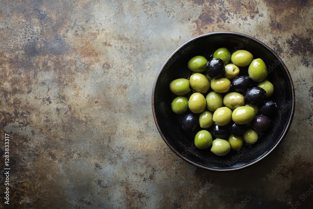 Fresh Assorted Olives in Rustic Bowl on Weathered Table Surface Fresh Assorted Olives in Rustic Bowl on Weathered Table Surface