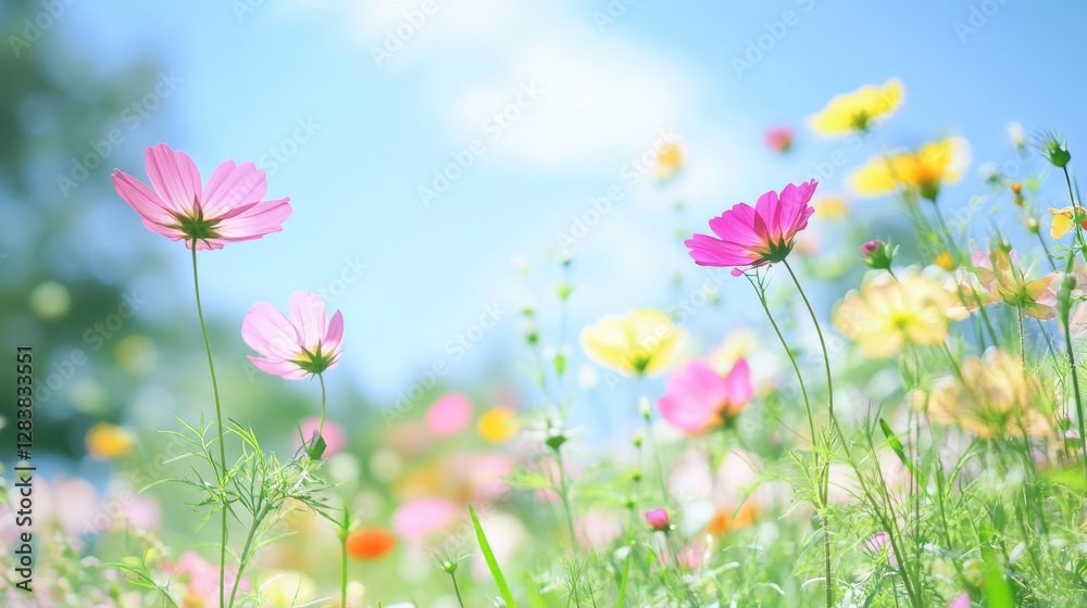 Close-up of vibrant wildflowers, including pink cosmos, green grass, and bright colors. Bokeh effect and natural sunlight create a dreamy summer atmosphere. Close-up of vibrant wildflowers, including pink cosmos, green grass, and bright colors. Bokeh effect and natural sunlight create a dreamy summer atmosphere.