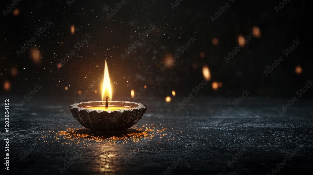 Elegant Diya Lamp with Flickering Flame and Glowing Particles on Dark Background Perfect for Cultural Celebration, Serenity, and Festive Ambiance Elegant Diya Lamp with Flickering Flame and Glowing Particles on Dark Background Perfect for Cultural Celebration, Serenity, and Festive Ambiance