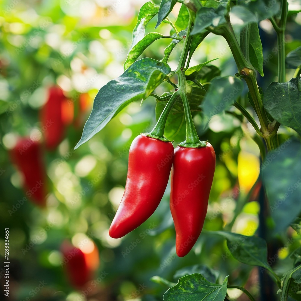 Red peppers hanging from the plant with green leaves and other plants in the background Red peppers hanging from the plant with green leaves and other plants in the background