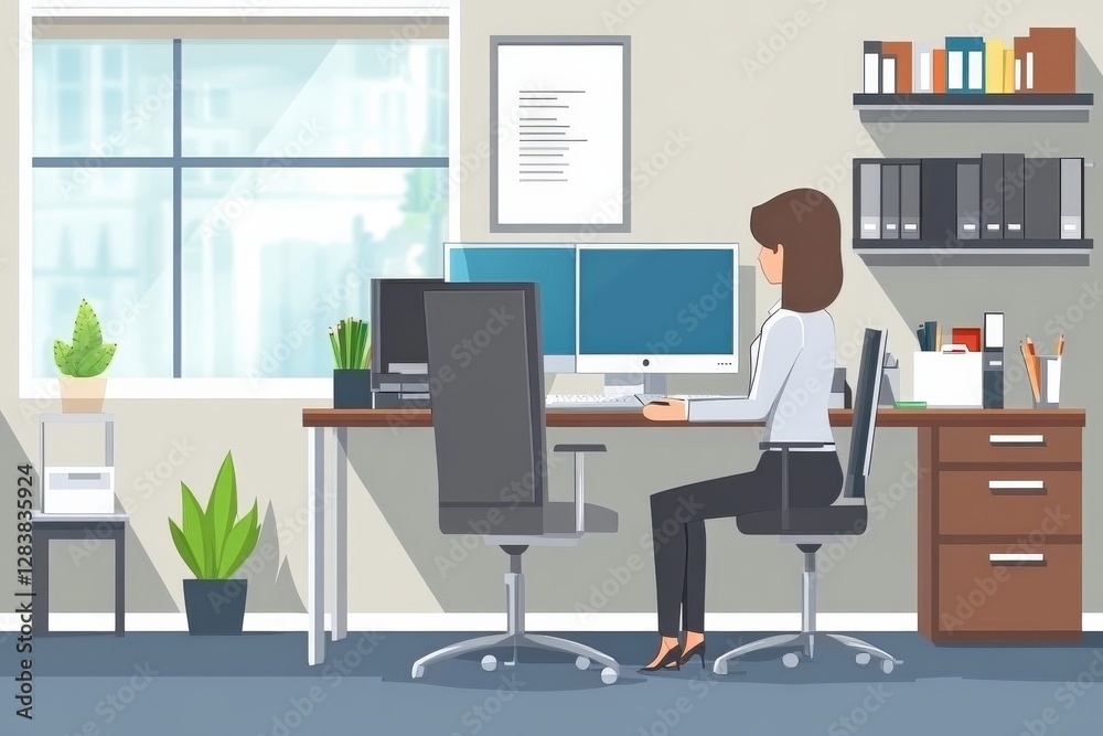 Vector Illustration of a Businesswoman Working in a Modern Workspace with Computer Vector Illustration of a Businesswoman Working in a Modern Workspace with Computer