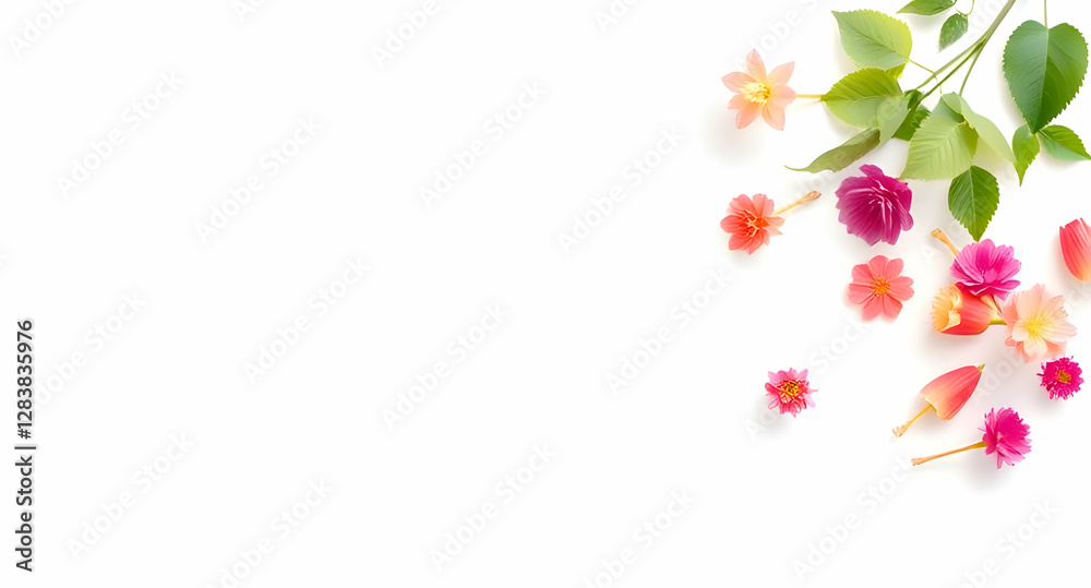 Colorful Flowers and Green Leaves on White Background - Botanical Art Colorful Flowers and Green Leaves on White Background - Botanical Art
