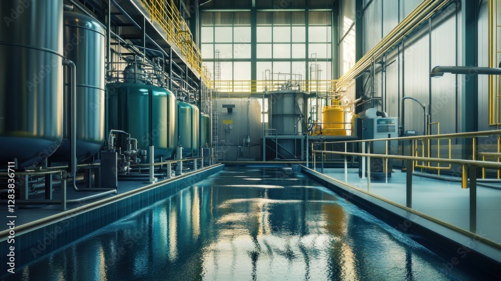 Obraz premium Industrial Water Treatment Plant: Modern Facility with Tanks and Reflecting Pool