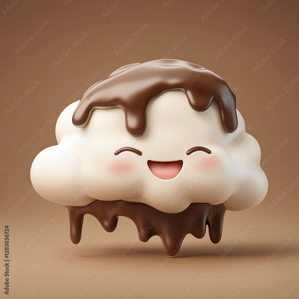 cloud emoji with a happy face, topped and dripping with melted chocolate sauce, cloud emoji with a happy face, topped and dripping with melted chocolate sauce,