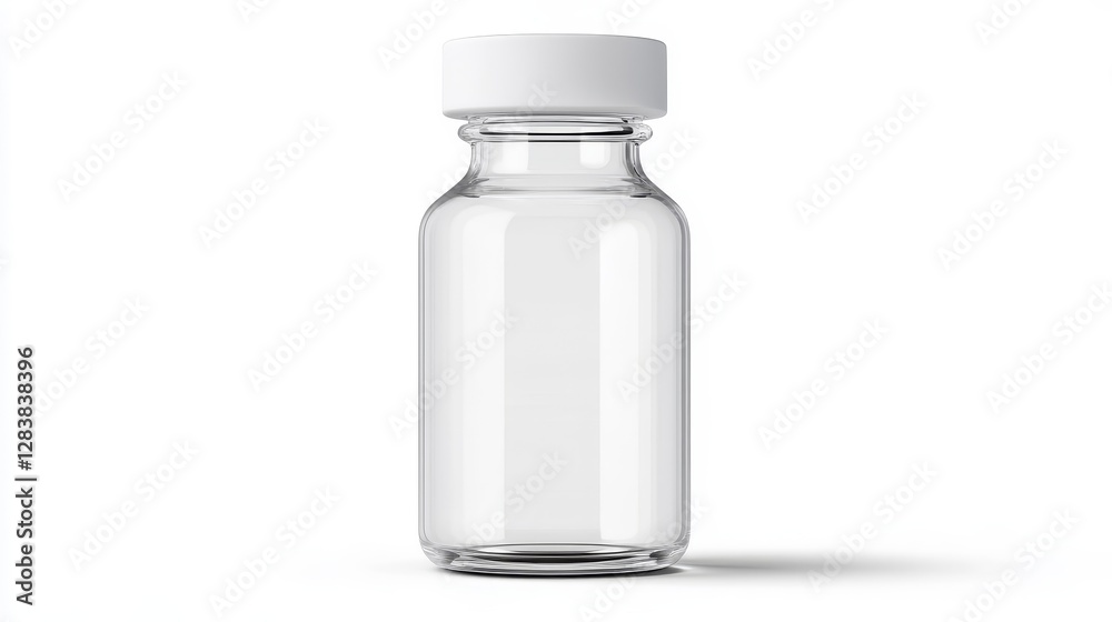 Clear glass vial with white cap isolated on white background Clear glass vial with white cap isolated on white background