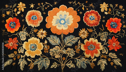 Elaborate Floral Tapestry On Solid Black Background
