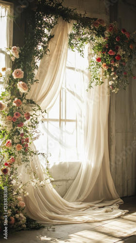 beautiful floral wedding backdrop with draped fabric and natural light