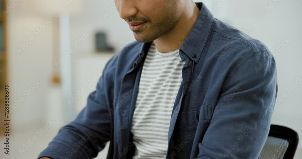 Smile, businessman typing at desk with computer for research on online article, review or networking. Email feedback, web search and happy man in modern office working on business development report.