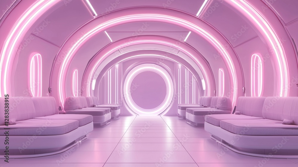 Fototapeta premium Futuristic Neon Lounge Interior with Soft Seating and Circular Design Elements Illuminated in Pink Lighting for Modern Architectural Context